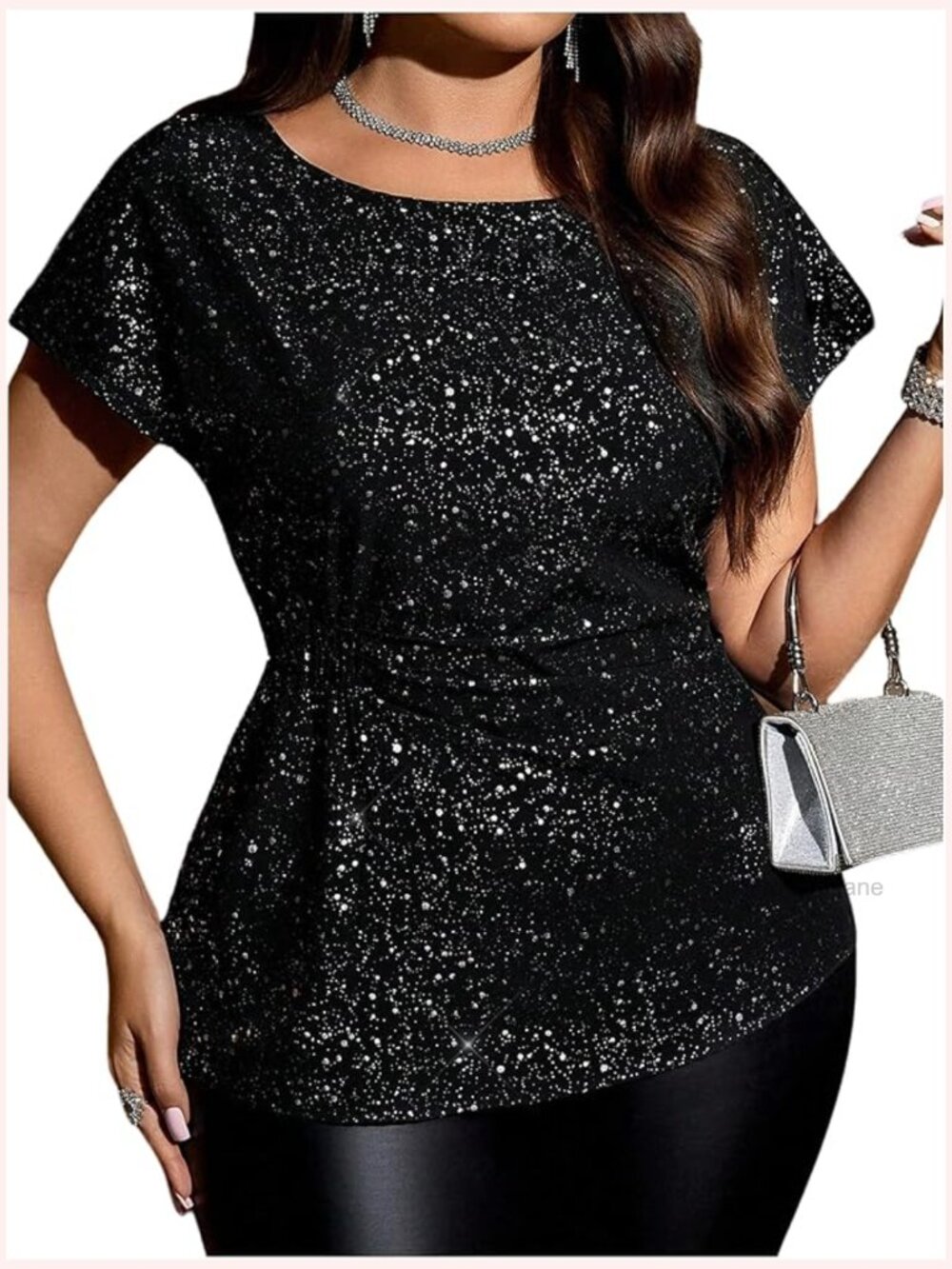 Plus Size Sparkly Printed Blouse with Ruched Crew Neck Cap Sleeve Party Top